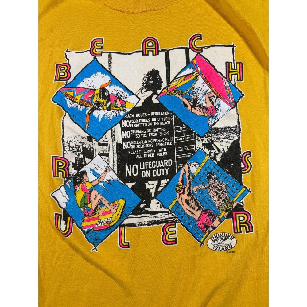 Vtg 1992 Thunder Island Beach Rules Graphic T-Shirt Yellow L Surf Skater - Picture 2 of 9